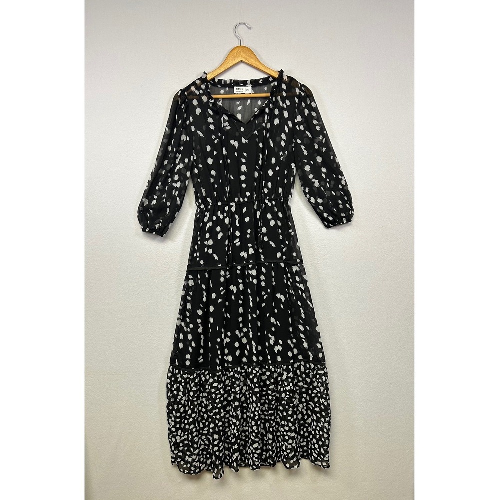 Boho Cottagecore Tinsel Womens PS Black White Abstract Tiered Chiffon Midi Dress
